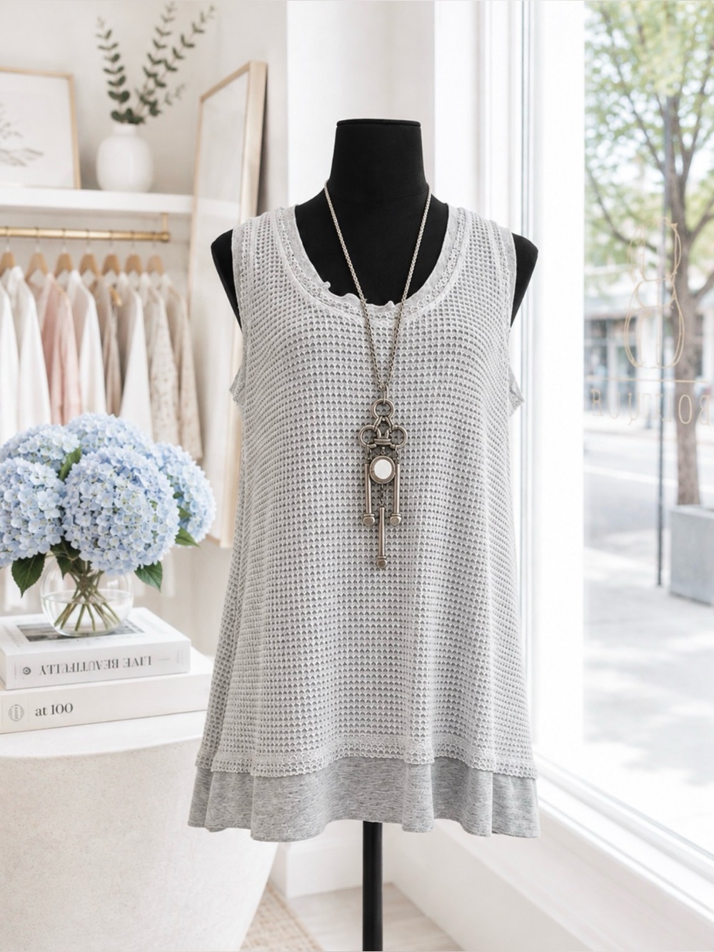 WAFFLE TOP Chic Gray Women’s Sleeveless Waffle Knit Top size L